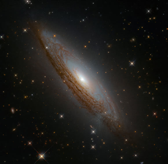 This Hubble image shows ESO 021-G004, a spiral galaxy located approximately 130 million light-years away in the constellation Chamaeleon. The color image was made from separate exposures taken in the visible and infrared regions of the spectrum with Hubble’s Wide Field Camera 3 (WFC3). Two filters were used to sample various wavelengths. The color results from assigning different hues to each monochromatic image associated with an individual filter. Image credit: NASA / ESA / Hubble / D. Rosario et al.