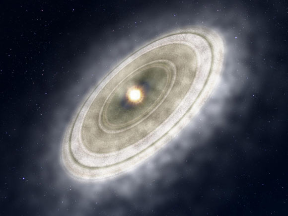 An artist’s impression of the gas-rich debris disk around 49 Ceti. Image credit: NAOJ.