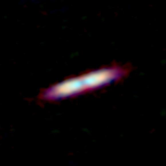 Composite ALMA image of the gas-rich debris disk around the young star 49 Ceti. The distribution of dust is shown in red; the distribution of carbon monoxide is shown in green; and the distribution of carbon atoms is shown in blue. Image credit: ALMA / ESO / NAOJ / NRAO / Higuchi et al.