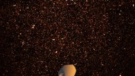 This composite image shows thousands of star-forming galaxies in radio light and the MeerKAT radio telescope array in the South African Karoo semidesert. The brightest spots are luminous radio galaxies powered by supermassive black holes. The myriad faint dots are distant star-forming galaxies like our own Milky Way, too faint to have been detected before now. Because radio waves travel at the speed of light, this image is a time machine that samples the star formation history of the Universe. Image credit: SARAO / NRAO / AUI / NSF.