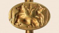 A gold ring depicts bulls and barley, the first known representation of domesticated animals and agriculture in ancient Greece. Image credit: UC Classics.