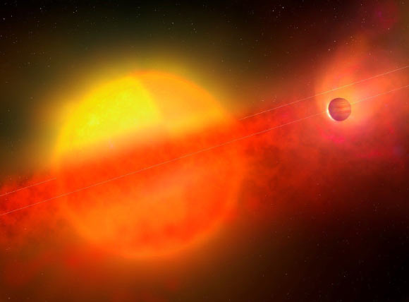 An artist’s impression of the giant exoplanet DMPP-2b and its parent star DMPP-2. Image credit: Mark A. Garlick.