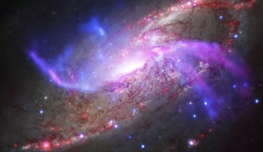 This composite image shows the Milky Way-like spiral galaxy Messier 106: X-rays from NASA’s Chandra X-ray Observatory are shown in blue, radio data from the NSF’s Karl Jansky Very Large Array are shown in purple, optical data from the NASA/ESA Hubble Space Telescope are shown in yellow and infrared data from NASA’s Spitzer Space Telescope are shown in red. Image credit: NASA / CXC / Caltech / P. Ogle et al / STScI / JPL-Caltech / NSF / NRAO / VLA.