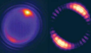 Left: a tiny bead struck by a laser produces optical modes that circulate around the interior of the bead. Right: a simulation of how the optical field inside a 5-micron bead is distributed. Image credit: Berkeley Lab.