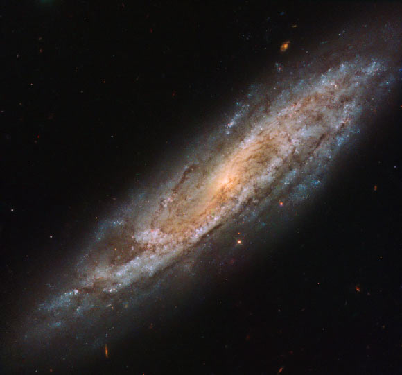 This Hubble image shows NGC 2770, a spiral galaxy located in the constellation of Lynx, 83.8 million light-years away. The color image was made from separate exposures taken in the visible and near-infrared regions of the spectrum with Hubble’s Wide Field Camera 3 (WFC3). It is based on data obtained through four filters. The color results from assigning different hues to each monochromatic image associated with an individual filter. Image credit: NASA / ESA / Hubble / A. Filippenko.