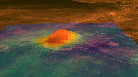 This figure shows the volcanic peak Idunn Mons in the Imdr Regio area of Venus. The topography derives from data obtained by NASA’s Magellan spacecraft, with a vertical exageration of 30 times. Radar data (in brown) from Magellan has been draped on top of the topographic data. Bright areas are rough or have steep slopes.  Dark areas are smooth. The colored overlay shows the heat patterns derived from surface brightness data collected by the Visible and Infrared Thermal Imaging Spectrometer (VIRTIS) aboard ESA’s Venus Express spacecraft. Temperature variations due to topography were removed. The brightness signals the composition of the minerals that have been changed due to lava flow. Red-orange is the warmest area and purple is the coolest. The warmest area is situated on the summit, which stands about 2.5 km above the plains, and on the bright flows that originate there. Idunn Mons has a diameter of about 200 km. The VIRTIS data was collected from May 2006 to the end of 2007. Image credit: ESA / NASA / JPL.
