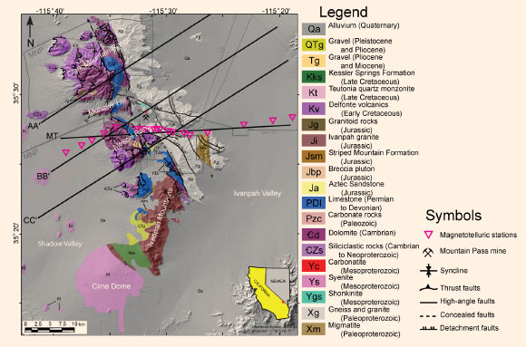 Geologic map of the Mountain Pass study area, California. Image credit: Denton et al, doi: 10.1130/GES02066.1.