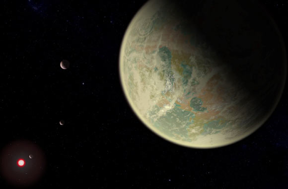 An artist’s impression of a water-rich exoplanet with an oxygen-rich atmosphere orbiting a red dwarf star. Image credit: NASA’s Goddard Space Flight Center / Friedlander-Griswold.