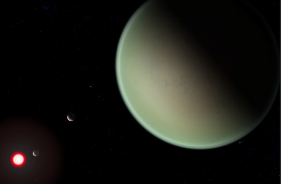 An artist’s impression of a dry exoplanet with an oxygen-rich atmosphere orbiting a red dwarf star. Image credit: NASA’s Goddard Space Flight Center / Friedlander-Griswold.