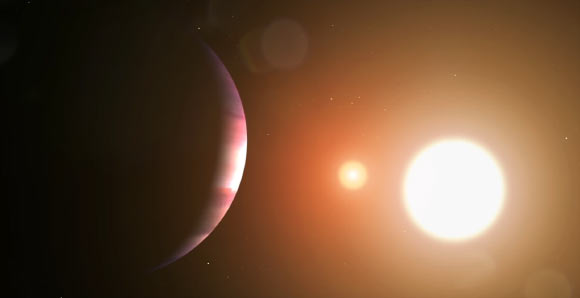 An artist’s impression of TOI-1338b and its two host stars. Image credit: NASA’s Goddard Space Flight Center / Chris Smith.