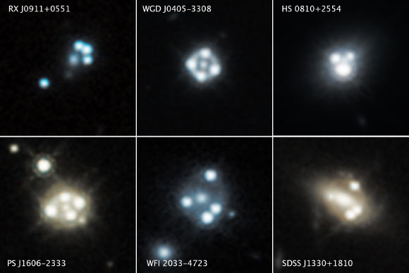 Each of these Hubble images reveals four distorted images of a background quasar and its host galaxy surrounding the central core of a foreground massive galaxy. Image credit: NASA / ESA / A. Nierenberg, NASA’s Jet Propulsion Laboratory / T. Treu, University of California, Los Angeles.