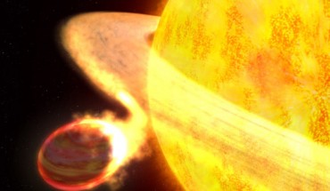 An artist’s concept of the hot-Jupiter exoplanet WASP-12b. Image credit: NASA / ESA / G. Bacon, STScI / C. Haswell, Open University.