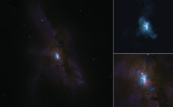 NGC 6240 as seen with ALMA (top right) and the NASA/ESA Hubble Space Telescope (combined image on the left and zoomed in on the bottom right). In the ALMA image, the molecular gas is blue and the black holes are the red dots. The ALMA image provides the sharpest view of the molecular gas around the black holes in this merging galaxy. Image credit: ALMA / ESO / NAOJ / NRAO / E. Treister / AUI / NSF / S. Dagnello / NASA / ESA / Hubble.