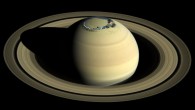 Composite of a true color image of Saturn, observed by Cassini in 2016, overlaid with a false color representation of the ultraviolet aurora in the northern hemisphere as observed on August 20, 2017. Image credit: NASA / JPL-Caltech / Space Science Institute / A. Bader, Lancaster University.