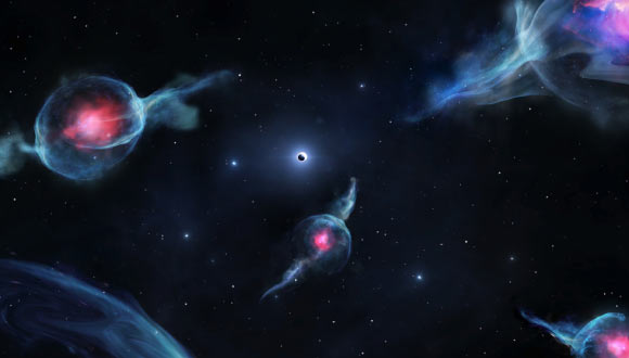 An artist’s rendering shows G-objects, with the reddish centers, orbiting the supermassive black hole Sagittarius A*. The black hole is represented as a dark sphere inside a white ring (above the middle of the rendering). Image credit: Jack Ciurlo.