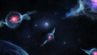 An artist’s rendering shows G-objects, with the reddish centers, orbiting the supermassive black hole Sagittarius A*. The black hole is represented as a dark sphere inside a white ring (above the middle of the rendering). Image credit: Jack Ciurlo.