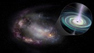 An artist’s conception of a dwarf galaxy, its shape distorted, most likely by a past interaction with another galaxy, and a massive black hole in its outskirts (pullout). The black hole is drawing in material that forms a rotating disk and generates jets of material propelled outward. Image credit: Sophia Dagnello, NRAO / AUI / NSF.