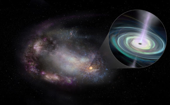 An artist’s conception of a dwarf galaxy, its shape distorted, most likely by a past interaction with another galaxy, and a massive black hole in its outskirts (pullout). The black hole is drawing in material that forms a rotating disk and generates jets of material propelled outward. Image credit: Sophia Dagnello, NRAO / AUI / NSF.