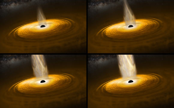 These illustrations show the surroundings of a black hole feeding on ambient gas as mapped using ESA’s XMM-Newton X-ray observatory. As the material falls into the black hole, it spirals around to form a flattened disk, as shown here, heating up as it does so. At the very center of the disk, close to the black hole, a region of very hot electrons -- with temperatures of around a billion degrees -- known as the corona produced high-energy X-rays that stream out into space. Alston et al used the reverberating echoes of this radiation, as observed by XMM-Newton, to map the surroundings of a black hole. They focussed on the black hole at the core of the active galaxy IRAS 13224-3809, which is one of the most variable X-ray sources in the sky, undergoing very large and rapid fluctuations in brightness of a factor of 50 in mere hours. By tracking the X-ray echoes, it was possible to trace the dynamic behaviour of the corona itself, where the intense X-ray emission originates from. The corona is shown here as the bright region hovering over the black hole, changing in size and brightness. The researchers found that the corona of the black hole within IRAS 13224-3809 changed in size incredibly quickly, over a matter of days. Image credit: ESA.