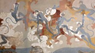 Monkeys fresco on the north wall of Room 6 of Building Complex Beta at Akrotiri, Thera. Image credit: Thera Akrotiri Excavations.