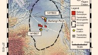 Composite aeromagnetic anomaly map of the Yarrabubba impact structure within the Yilgarn Craton, Western Australia, showing the locations of key outcrops and samples used in this study. The image combines the total magnetic intensity (TMI, cool to warm colors) with the second vertical derivative of the total magnetic intensity (2VD, grayscale) data. The demagnetized anomaly centered on the outcrops of the Barlangi granophyre is considered to be the eroded remnant of the central uplift domain, which forms the basis of the crater diameter of 70 km. Prominent, narrow linear anomalies that cross-cut the demagnetized zone with broadly east-west orientations are mafic dykes that post-date the impact structure. Image credit: Erickson et al, doi: 10.1038/s41467-019-13985-7.