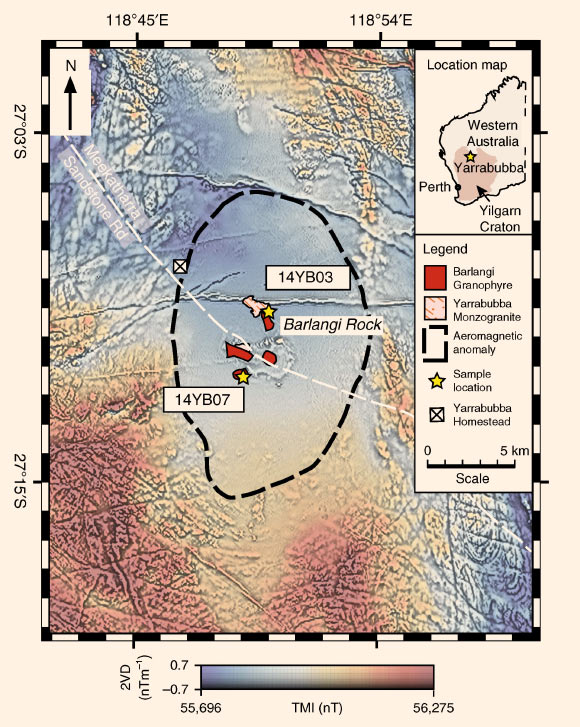 Composite aeromagnetic anomaly map of the Yarrabubba impact structure within the Yilgarn Craton, Western Australia, showing the locations of key outcrops and samples used in this study. The image combines the total magnetic intensity (TMI, cool to warm colors) with the second vertical derivative of the total magnetic intensity (2VD, grayscale) data. The demagnetized anomaly centered on the outcrops of the Barlangi granophyre is considered to be the eroded remnant of the central uplift domain, which forms the basis of the crater diameter of 70 km. Prominent, narrow linear anomalies that cross-cut the demagnetized zone with broadly east-west orientations are mafic dykes that post-date the impact structure. Image credit: Erickson et al, doi: 10.1038/s41467-019-13985-7.