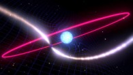 An artist’s depiction of a rapidly spinning neutron star and a white dwarf dragging the fabric of spacetime around its orbit. Image credit: Mark Myers, OzGrav ARC Centre of Excellence.