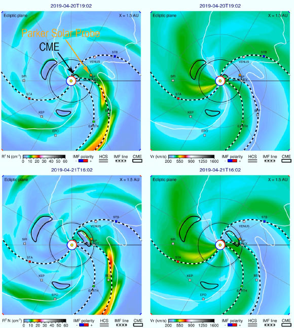 Snapshots showing a model of the April 20, 2019 coronal mass injections (CME) released at 01:25 UTC and propagating out to NASA’s Parker Solar Probe. Panels show the evolution of the CME through the inner heliosphere at different stages of the CME’s propagation to the spacecraft. Left panels show modeled densities and right panels show the speed structure from the 3D model. Image credit: Schwadron et al, doi: 10.3847/1538-4365/ab5527.