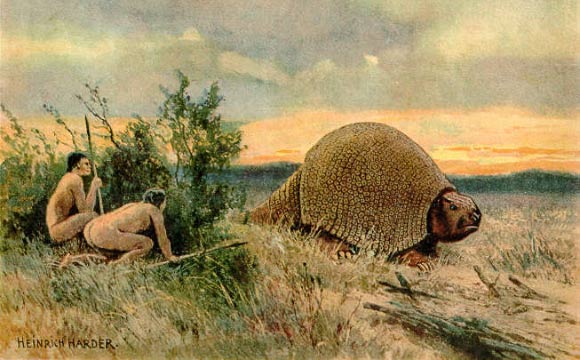 Paleo-Indians hunting a glyptodont by Heinrich Harder, c. 1920.