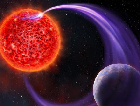 This is an artistic impression of a red dwarf star’s magnetic interaction with its exoplanet. Image credit: Danielle Futselaar, Artsource.nl.