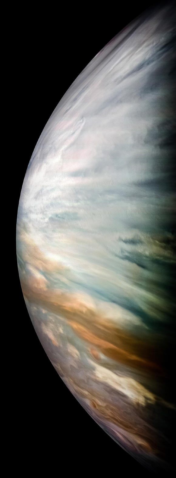 Thick white clouds are present in this JunoCam image of Jupiter’s equatorial zone. These clouds complicate the interpretation of infrared measurements of water. At microwave frequencies, the same clouds are transparent, allowing Juno’s Microwave Radiometer to measure water deep into Jupiter’s atmosphere. The image was acquired during Juno’s flyby of the gas giant on December 16, 2017. Imager credit: NASA / JPL-Caltech / SwRI / MSSS / Kevin M. Gill.