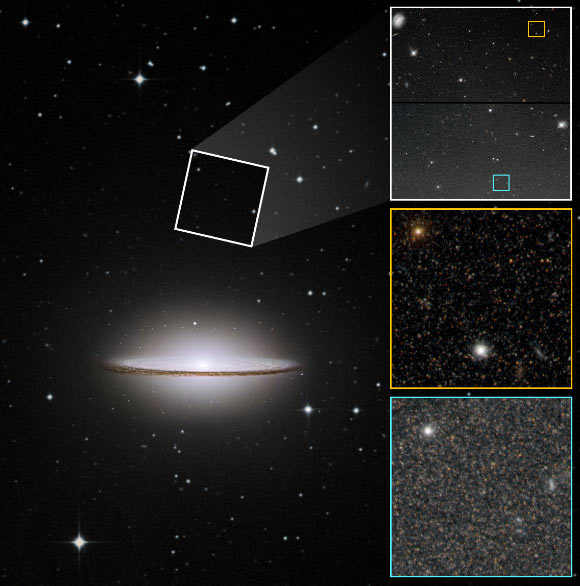 On the left is an image of Messier 104 that includes a portion of the much fainter halo far outside its bright disk and bulge. Hubble photographed two regions in the halo (one of which is shown by the white box). The images on the right zoom in to show the level of detail Hubble captured. The orange box, a small subset of Hubble’s view, contains myriad halo stars. The stellar population increases in density closer to the galaxy’s disk (bottom blue box). Each frame contains a bright globular cluster of stars, of which there are many in the galaxy’s halo. Messier 104’s halo contained more metal-rich stars than expected, but even stranger was the near-absence of old, metal-poor stars typically found in the halos of massive galaxies. Many of the globular clusters, however, contain metal-poor stars. A possible explanation for Messier 104’s perplexing features is that it is the product of the merger of massive galaxies billions of years ago, even though the smooth appearance of the galaxy’s disk and halo show no signs of such a huge disruption. Image credit: NASA / Digitized Sky Survey / P. Goudfrooij, STScI / Hubble Heritage Team / STScI / AURA.