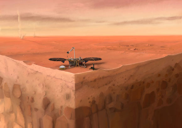 In this artist’s concept of NASA’s InSight lander on Mars, layers of the planet’s subsurface can be seen below and dust devils can be seen in the background. Image credit: Nicolas Sarter / IPGP.