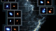 This composite image shows the Orion Molecular Clouds, the target of the VANDAM survey. Yellow dots are the locations of the observed protostars on a blue background image made by ESA’s Herschel Space Observatory. Side panels show nine young protostars imaged by ALMA (blue) and the VLA (orange). Image credit: ALMA / ESO / NAOJ / NRAO / J. Tobin / AUI / NSF / S. Dagnello / Herschel / ESA.