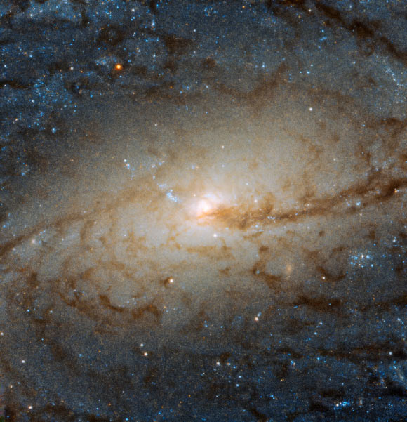 This Hubble image shows the central part of the barred spiral galaxy NGC 3887. The image is made up of observations from Hubble’s Wide Field Camera 3 (WFC3) in the infrared and optical parts of the spectrum. It is based on data obtained through three filters. The color results from assigning different hues to each monochromatic image associated with an individual filter. Image credit: NASA / ESA / Hubble / P. Erwin et al.