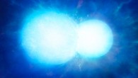 An artist’s impression of two white dwarfs in the process of merging; depending on the combined mass, the system may explode in a thermonuclear supernova, or coalesce into a single heavy white dwarf, as with WD J0551+4135. Image credit: Mark Garlick / University of Warwick.