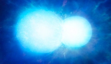 An artist’s impression of two white dwarfs in the process of merging; depending on the combined mass, the system may explode in a thermonuclear supernova, or coalesce into a single heavy white dwarf, as with WD J0551+4135. Image credit: Mark Garlick / University of Warwick.