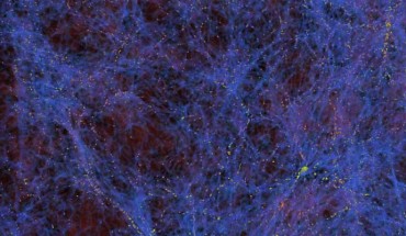 A simulation of the large-scale structure of the Universe with filaments of dark matter in blue and places of galaxy formation in yellow. Image credit: Zarija Lukic / Lawrence Berkeley National Laboratory.