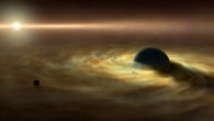 An artist’s impression of several moons forming around a young gas-giant planet. Image credit: Nagoya University.