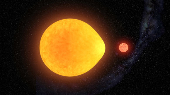 An artist’s impression of HD 74423 with its tidally locked red dwarf companion. Image credit: Gabriel Pérez Díaz, IAC.
