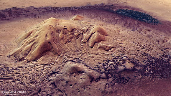 Perspective view of the Moreux crater. Image credit: ESA / DLR / FU Berlin / CC BY-SA 3.0 IGO.