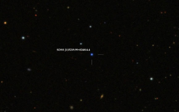 This image shows the SDSS J115219.99+024814.4 binary system. Image credit: Centre de Données astronomiques de Strasbourg / SIMBAD / DSS.