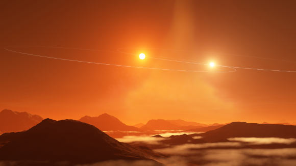 An artist’s impression of a double sunset on a ‘Tatooine’ exoplanet forming in a circumbinary disk that is misaligned with the orbits of its binary stars. Image credit: NRAO / AUI / NSF / S. Dagnello.