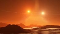 An artist’s impression of a double sunset on a ‘Tatooine’ exoplanet forming in a circumbinary disk that is misaligned with the orbits of its binary stars. Image credit: NRAO / AUI / NSF / S. Dagnello.