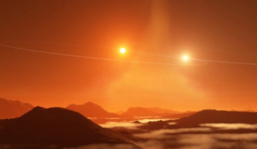 An artist’s impression of a double sunset on a ‘Tatooine’ exoplanet forming in a circumbinary disk that is misaligned with the orbits of its binary stars. Image credit: NRAO / AUI / NSF / S. Dagnello.