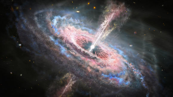 An artist’s impression of a quasar. Image credit: NASA / ESA / J. Olmsted, STScI.