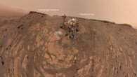 This selfie was taken by Curiosity on February 26, 2020; the crumbling rock layer at the top of the image is the Greenheugh Pediment, which the rover climbed soon after taking the image. Image credit: NASA / JPL-Caltech / MSSS.