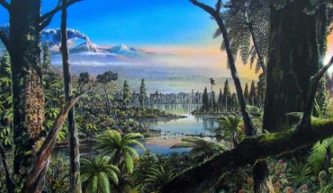 Reconstruction of the West Antarctic mid-Cretaceous temperate rainforest. The painting is based on paleofloral and environmental information inferred from palynological, geochemical, sedimentological and organic biomarker data obtained from cores at the site of PS104_20-2, Antarctica. Image credit: J. McKay / Alfred-Wegener-Institut / CC-BY 4.0.