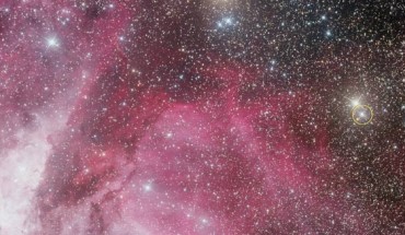 V906 Carinae (circled) shines near peak brightness in this image taken on March 23, 2018, three days after the nova was discovered. The beautiful cloud of gas and dust dominating the picture is part of the Carina Nebula. Image credit: A. Maury / J. Fabrega.