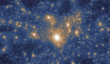 Simulation showing distribution of dark matter particles around a galaxy. Image credit: Gupta et al / ASTRO 3D / IllustrisTNG Collaboration.